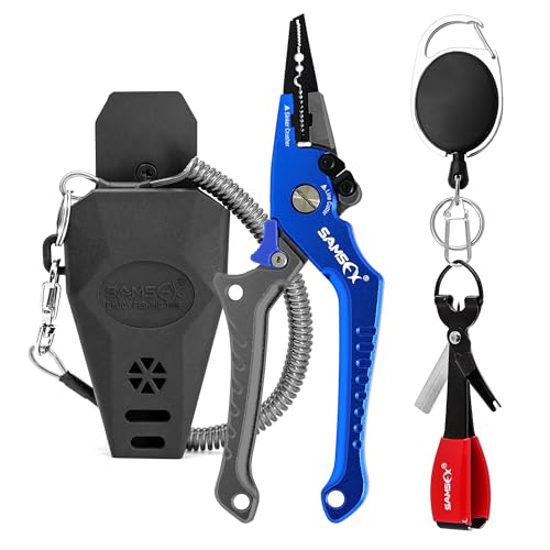 SAMSFX Aluminum Fishing Pliers Hook Remover Braid Line Cutter with Coiled Lanyard, Fly Fishing Knot Tying Tool & Retractors - color: Gray & Blue Handle-7'' Split Ring Nose