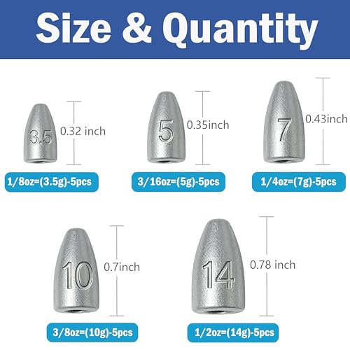Fishing Weights Sinkers Kit Bullet Weights Bass Weights Worm Weights Slide Sinkers for Fishing Line Saltwater Freshwater - size: 43pcs