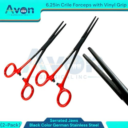 Set of 2pcs Crile Hemostat Forceps 6.25in Black Stainless Steel, Red Vinyl Grip | Multi-Purpose Locking Pliers for Lab, Crafts, Fishing