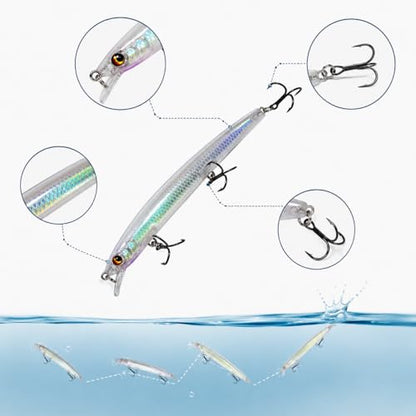 Artificial Plastic Minnow Hard Crankbait Fishing Lure with Treble Hooks for Bass and Trout