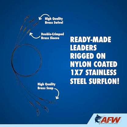 AFW Surflon Fishing Leaders – Black Nylon Coated Stainless Steel Wire, Swivel & Snap, 3 Pack, Variety Pack – Strong Leader Line for Catfishing & Toothy Game Fish - size: 30 lb, style: 6 Inch