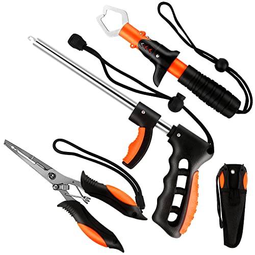 mouhike Fishing Tool Kit Fishing Pliers, Fish Lip Gripper, Fishing Hook Remover, Handheld Digital Fishing Scale, Ice Fly Fish Pliers Fishing Gear Accessories Fishermen Gift (Battery Not Included) - color: Orange+Black, style: 3pcs_Tools