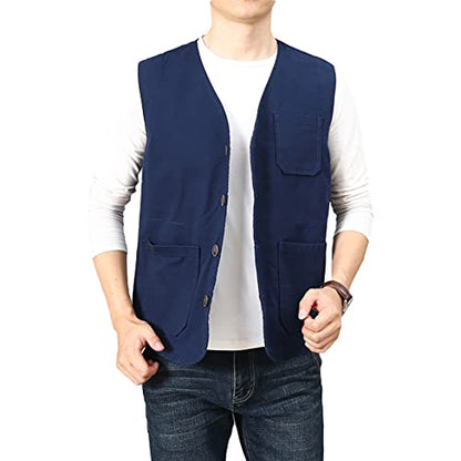 PRIJOUHE Men's Casual Outdoor Cotton Vest Lightweight Breathable Multi-Pocket Fishing Safari Travel Vests Outwear - color: 02-navy, size: X-Large