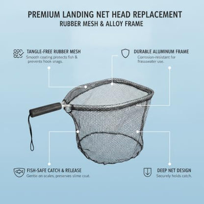 Rubber Mesh Landing Net Head Replacement, Aluminum Alloy Frame for Freshwater Fishing, Smooth Hook Release - size: 15.75 x 11.02 x 11.81"