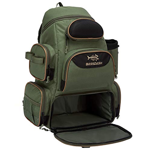 BASSDASH Fishing Tackle Backpack Water Resistant Tactical Bag Soft Tackle Box with Rod Holder and Protective Rain Cover - color: Green Backpack [3600] Without Trays