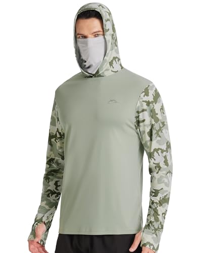 FISHEAL Men's Performance Fishing Hoodie Shirt - UPF 50+ UV Sun Protection Long Sleeve Shirts with Mesh Face Mask - color: Olive Green Camo, size: X-Large