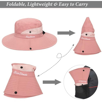 Sun Hat for Women Summer UV Protection Beach Hat Wide Brim Mesh Bucket Fishing Hat with Ponytail Hole Foldable Packable Hat - color: Pure Pink(with Ponytail Hole)