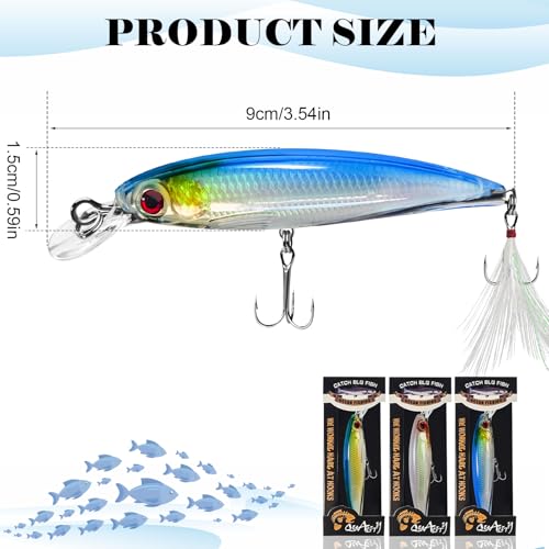 Floating Minnow Fishing Lures with Feathered Treble Hooks, 3D Lifelike Eyes & Holographic Finish, Topwater Hard Baits for Bass, Redfish, Freshwater & Inshore Saltwater Fishing, 3 Pack (A) - color: B-3.6inch/0.24oz/3pcs