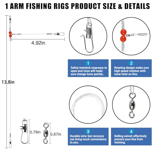 Fishing Leaders Saltwater Tackle Surf Fishing Rigs High Strength Fishing Wire Leader Line Rig with Swivels Snap for Lures Bait Hooks - color: White Nylon, style: 1 Arm, 12pcs