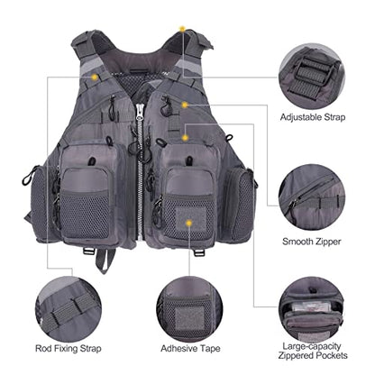 Lixada Fly Fishing Vest Fishing Jacket Breathable Polyester Mesh Design Fishing Vest - color: Grey
