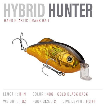 Strike King Hybrid Hunter Shallow Jr. Fishing Lure, Shallow Diving Crankbait, 90-Degree Bill, 3D Eyes, Loud Rattle, Dives 1 to 3-Feet,Size 4 & 6 Treble Hooks - color: Gold/Black Back, size: 1 oz