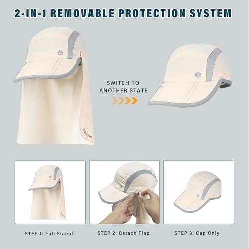 Fishing Hat with Removable Neck Flap, Foldable Sun Protection Baseball Cap - color: Beige