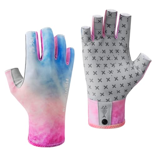 BASSDASH 3/4 Finger UPF 50+ Sun Gloves Breathable Anti-Slip Silicone Palm for Men Women Fishing Fingerless Cycling Running - color: Rosy Clouds, size: Large