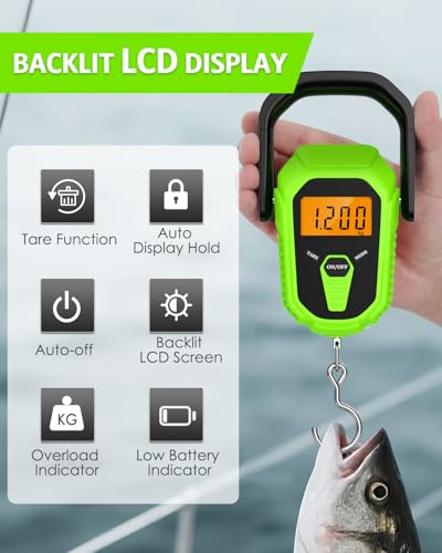 Digital Fishing Scale with Lip Gripper, 110lb/50kg Waterproof Fish Weight Scale with Tape Measure, Hook & Clamp, LCD Display & Hanging Design, Ideal Fishing Gift for Men Anglers - color: Green