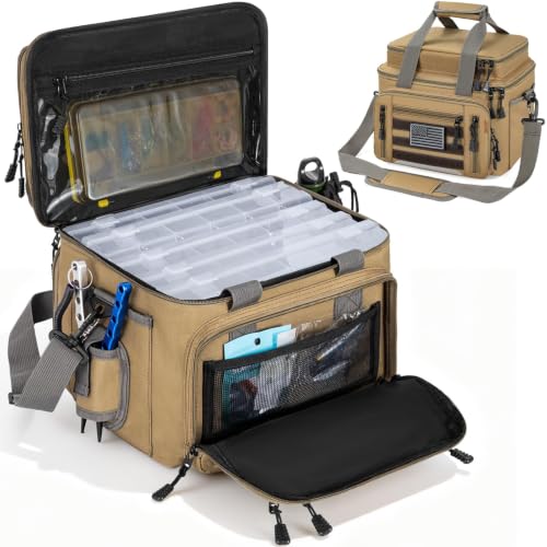 Fishing Tackle Bag - Holds 3400-3600 Size Tackle Boxes -Saltwater & Freshwater Fishing Bags - Padded Shoulder Strap Fishing Bags (Kahki) (Bag Only) - color: Kahki