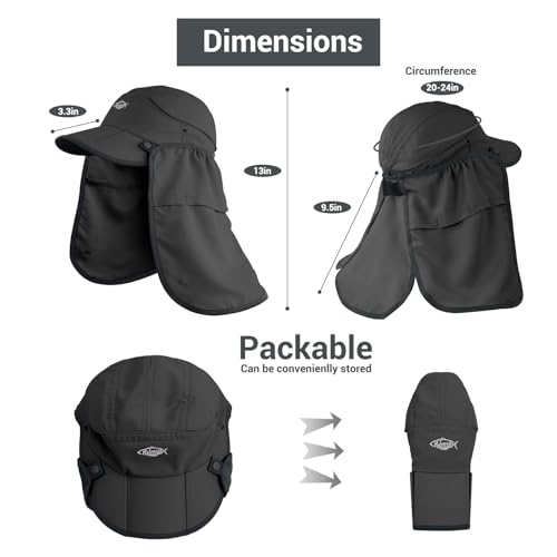Palmyth Fishing Sun Hat with Detachable Neck Flap UPF 50+ Baseball Cap | Convertible Ventilation Panel, Sunglass Lock, Water Resistant, Foldable, Ventilation Holes, 3 Ways to Wear, Men & Women - color: Dark Grey