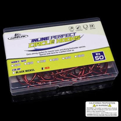 LURELINK-Inline-Circle-Hooks-Saltwater-for-Catfish-Bass-Octopus-Hooks-Fishing-Hook-Freshwater 50 Pack - color: Red, size: 4/0 50-Pack