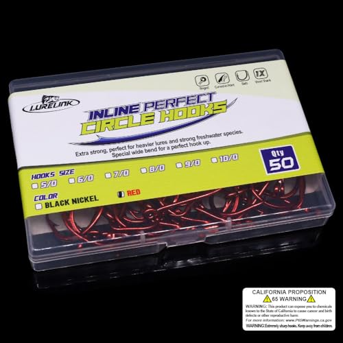 LURELINK-Inline-Circle-Hooks-Saltwater-for-Catfish-Bass-Octopus-Hooks-Fishing-Hook-Freshwater 50 Pack - color: Red, size: 8/0 50-Pack