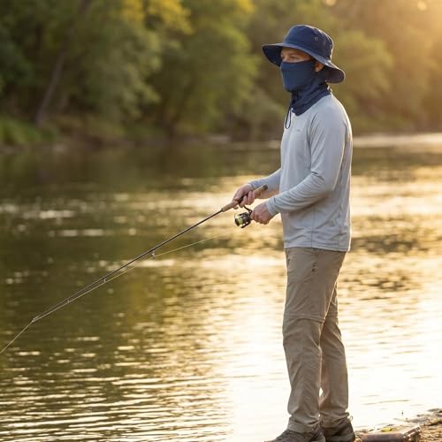 Fishing Hat with Summer Breathable Neck Gaiter, Wide Brim Sun Hat for Men & Women, Outdoor UV Sun Protection Hat & Face Mask - color: Dark Blue