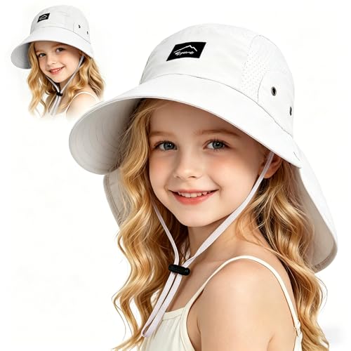 Kids Sun Hat with Detachable Neck Flap for Boys & Girls Wide Brim Fishing Hat for Kids Water Resistant UV Protection - color: 1 Pack-pure White