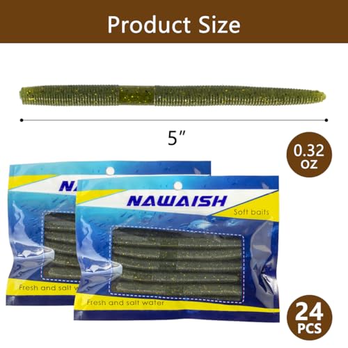 Senko Bait Soft Plastic Lures 5" Senkos 24 Pcs/100pcs for Wacky Rig Freshwater Fishing Green Pumpkin senko with Black Flake Pink Watermelon Double Color - style: Baby Bass Gold Flake