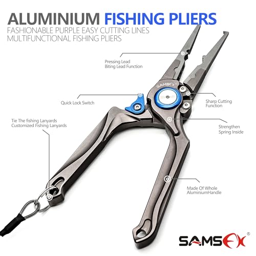 SAMSFX Fishing Pliers, Muti-Function Fly Fishing Tools, 8" Saltwater Resistant Gear Hook Remover Split Ring Tungsten Cutters, with Lanyard & Sheath - color: Blue Fishing Pliers with Hook Remover