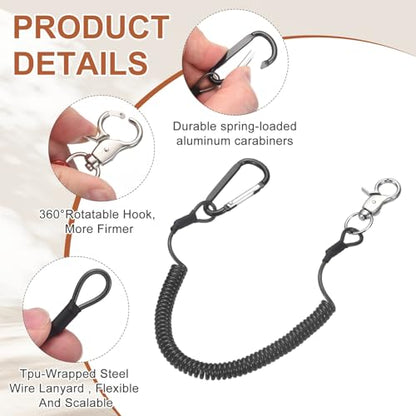 PATIKIL Fishing Lanyard, (59.06" Length, Black) (3Pcs), Retractable Coiled Tether Anti-Lost Rope Coiled with Carabiners and 360° Rotatable Hook, Suit for - Fishing/Hunting/Hiking/Boating - color: Black, size: 59.06"