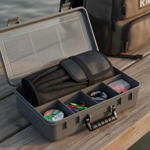 Boat Deck & Tackle Box Lure Organizer, Roll-Up Soft Storage Bag with 5 Compartments for Jigs and Baits, Black Polyester Case