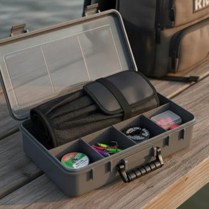 Boat Deck & Tackle Box Lure Organizer, Roll-Up Soft Storage Bag with 5 Compartments for Jigs and Baits, Black Polyester Case