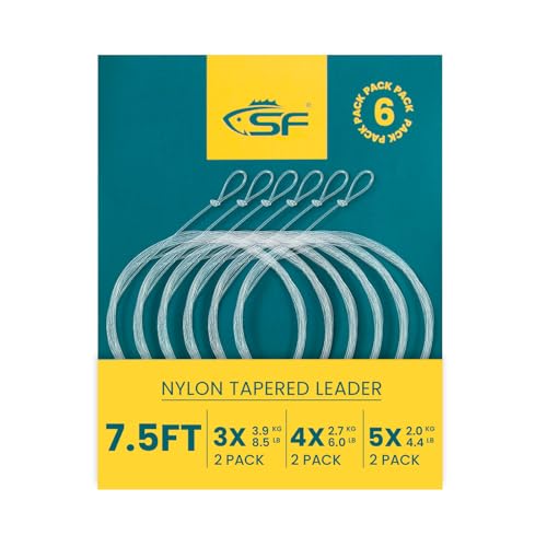 SF Pre-Tied Loop Fly Fishing Tapered Leader Nylon Clear Trout Freshwater Saltwater Bonefish Permit Bass Salmon Steelhead 7.5FT 9FT 10FT 12FT 15FT 0X 1X 2X 3X 4X 5X 6X 7X - size: 7.5FT-3X(2)4X(2)5X(2), style: Freshwater Knotted 6-pack