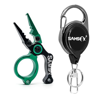 SAMSFX Mini Fishing Pliers with Fly Fishing Zinger Retractor, Fish Hook Remover Tool, Split Ring Pliers for Saltwater & Freshwater, Tungsten Carbide Cutters, Fishing Gear Gift for Anglers - color: Green