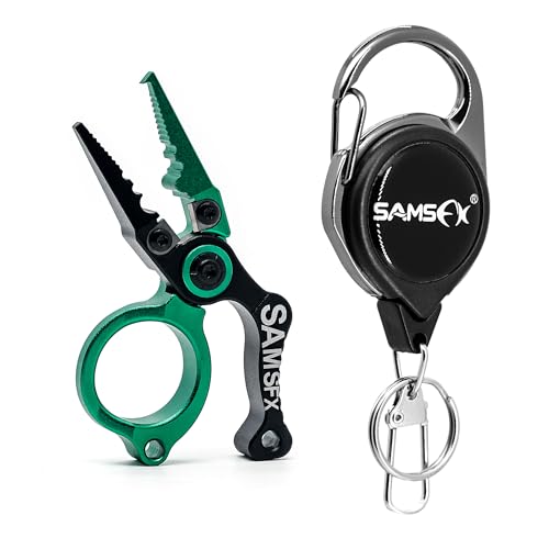 SAMSFX Mini Fishing Pliers with Fly Fishing Zinger Retractor, Fish Hook Remover Tool, Split Ring Pliers for Saltwater & Freshwater, Tungsten Carbide Cutters, Fishing Gear Gift for Anglers - color: Green