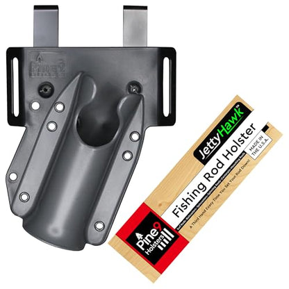 JettyHawk Fishing Rod Hip Holster, Hands-Free Quick-Draw Holder, Fits 1.5-2" Pole, for Spinning, Baitcaster, Centerpin & Surf Rods, Wading & MOLLE Belts - color: Grey w-Black Belt Clip