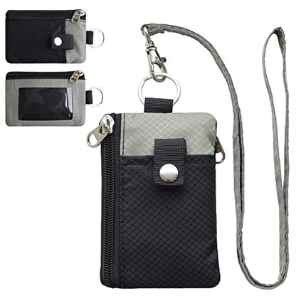 CHENSPRX Minimalist RFID Blocking Small Wallet with ID Window,WaterResistant Zip Id Case Wallet with Lanyard Keychain for Cards,Cash,Travel,Women,Men - color: Black+Gray