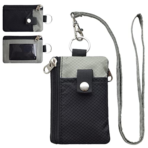 CHENSPRX Minimalist RFID Blocking Small Wallet with ID Window,WaterResistant Zip Id Case Wallet with Lanyard Keychain for Cards,Cash,Travel,Women,Men - color: Black+Gray