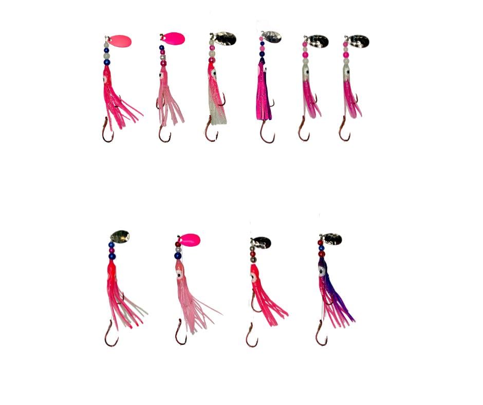 Squid Fishing Hoochies 10 Pack -Glow Fresh Water Kokanee Salmon Trolling Lures with Pre-Rigged Octopus Hooks - Spinner Blades, Synthetic Skirts Kokanee Hoochies for Salmon Fishing - style: Think Pink Hoochies 10 Pack