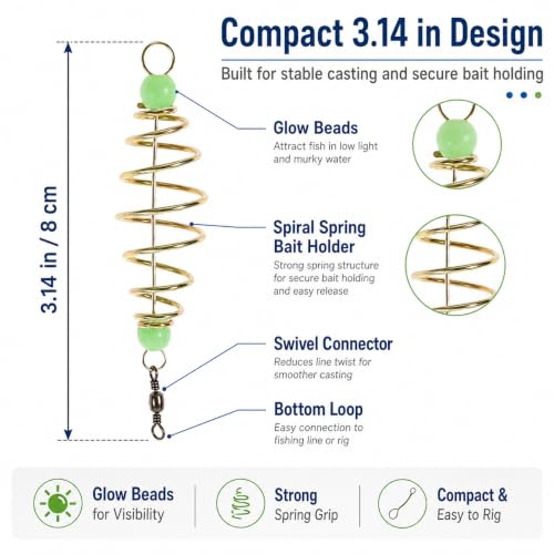 24Pcs Glowing Carp Fishing Method Feeder, Olive Shape Spring Bait Holder Cage with Luminous Beads, Inline Feeder Rig for Chicken Liver Pack Bait, Professional Fishing Accessories for Lake Rive