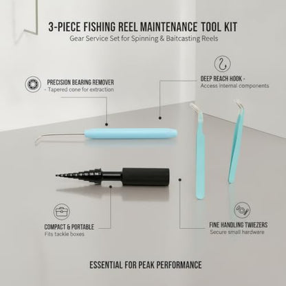 3-Piece Fishing Reel Maintenance Tool Kit - Metal Bearing Remover & Gear Service Set for Spinning and Baitcasting Reels - color: Black