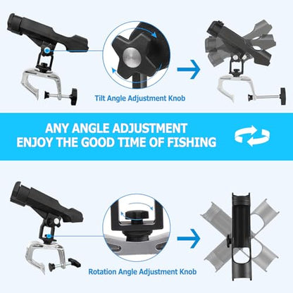 LBW Boat Fishing Rod Holder Clamp on Rod Holder 360 Degree Adjustable Dual-use Fishing Pole Holder for Boat Dock Pontoon Canoe 2 PCS