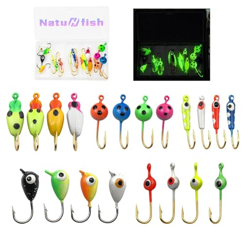 Natufish Glow Ice Fishing Jigs | Winter Ice Fishing Lures Set | Micro Jig Head for Pike, Panfish, Crappie, Perch, Walleye, Trout, Bluegill - with Storage Box - color: 20pcs