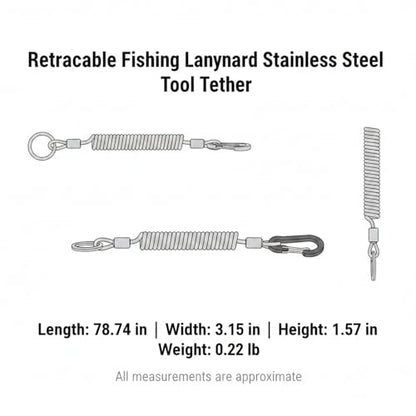 Retractable Fishing Tool Lanyard - Stainless Steel Tether for Pliers & Scissors, Anti-Loss Gear Clip for Boats, Kayaks (1 Pack) - size: 78.74 x 3.15 x 1.57"