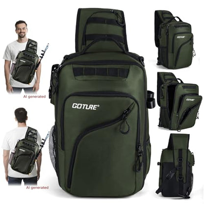 Goture Green Tactical Sling Fishing Bag with Trays, Heavy Duty 1680D Fishing Backpack for Hiking Camping, Adjustable Shoulder Strap with Rod Holder & Tool Pockets, Tackle Box Organizer Bag - color: Green, style: 1680d Double-strand Pu Backpack + (3)3600 T