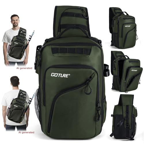 Goture Green Tactical Sling Fishing Bag with Trays, Heavy Duty 1680D Fishing Backpack for Hiking Camping, Adjustable Shoulder Strap with Rod Holder & Tool Pockets, Tackle Box Organizer Bag - color: Green, style: 1680d Double-strand Pu Backpack + (3)3600 T