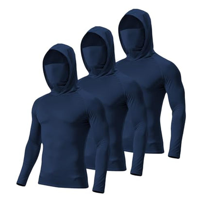 3/6 Pack Mens Sun Protection Fishing Hoodie with Face Mask UPF 50+ Long Sleeve Compression Work Shirt Construction Quick Dry - color: 3 Pack【loose Fit】blue, size: 3X-Large