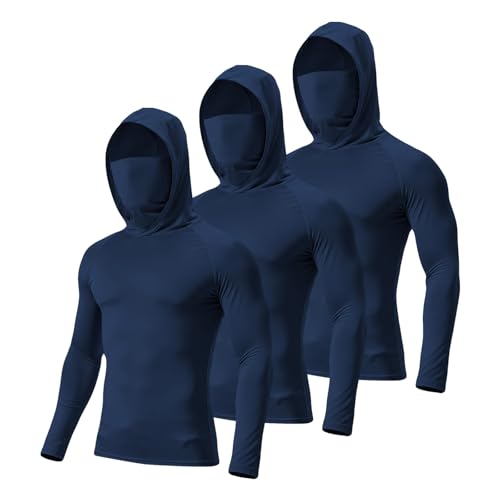 3/6 Pack Mens Sun Protection Fishing Hoodie with Face Mask UPF 50+ Long Sleeve Compression Work Shirt Construction Quick Dry - color: 3 Pack【loose Fit】blue, size: Large