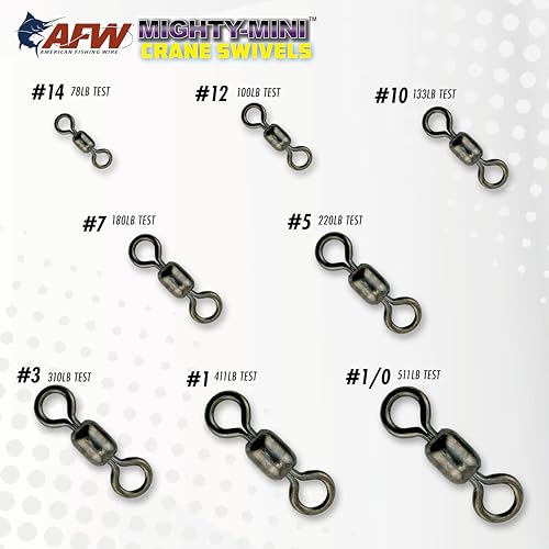 AFW American Fishing Wire Fishing Swivels - Mighty Mini 100% Stainless Steel Crane Swivels, 3X Stronger Than Brass, for Terminal Tackle Box, Up to 600lb Test - Fishing Gear for Fishing Line Leaders - size: 10 Pieces, 100 Pound Test