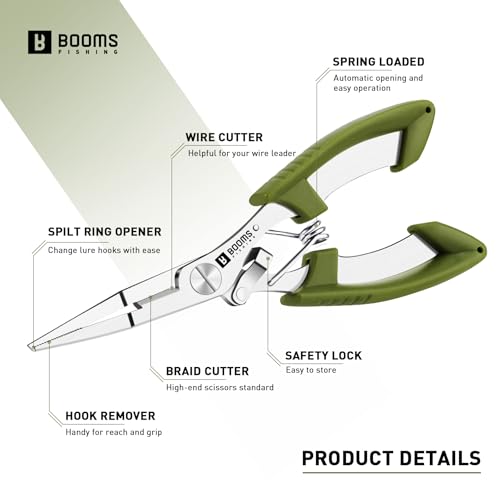 Booms Fishing H01 Small Fishing Pliers Scissors Braid Cutters Stainless Steel Fishing Tools Split Ring Pliers Hook Remover - color: Green
