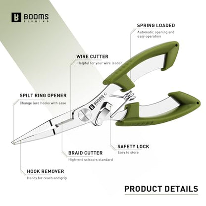 Booms Fishing H01 Small Fishing Pliers Scissors Braid Cutters Stainless Steel Fishing Tools Split Ring Pliers Hook Remover - color: Green
