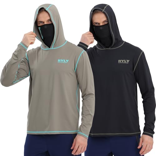 Fishing Shirts for Men,Long Sleeve Rash Guard Shirts Sun Protection Hoodie Athletic Running Hiking Shirt 1/2 Packs - color: Black/Army Green, size: X-Large