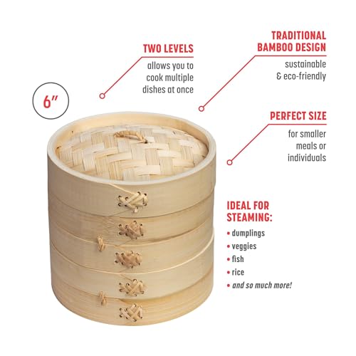 Joyce Chen 2-Tier Bamboo Steamer Baskets, 6-Inch - size: 6 inch